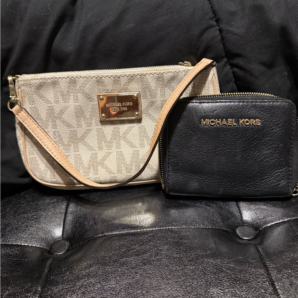 Michael Kors Tan and Black Clutch and Wallet Set